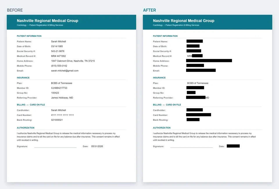 KeptPDF redact tool showing a document before and after redaction, with detected personal data covered by solid black boxes.
