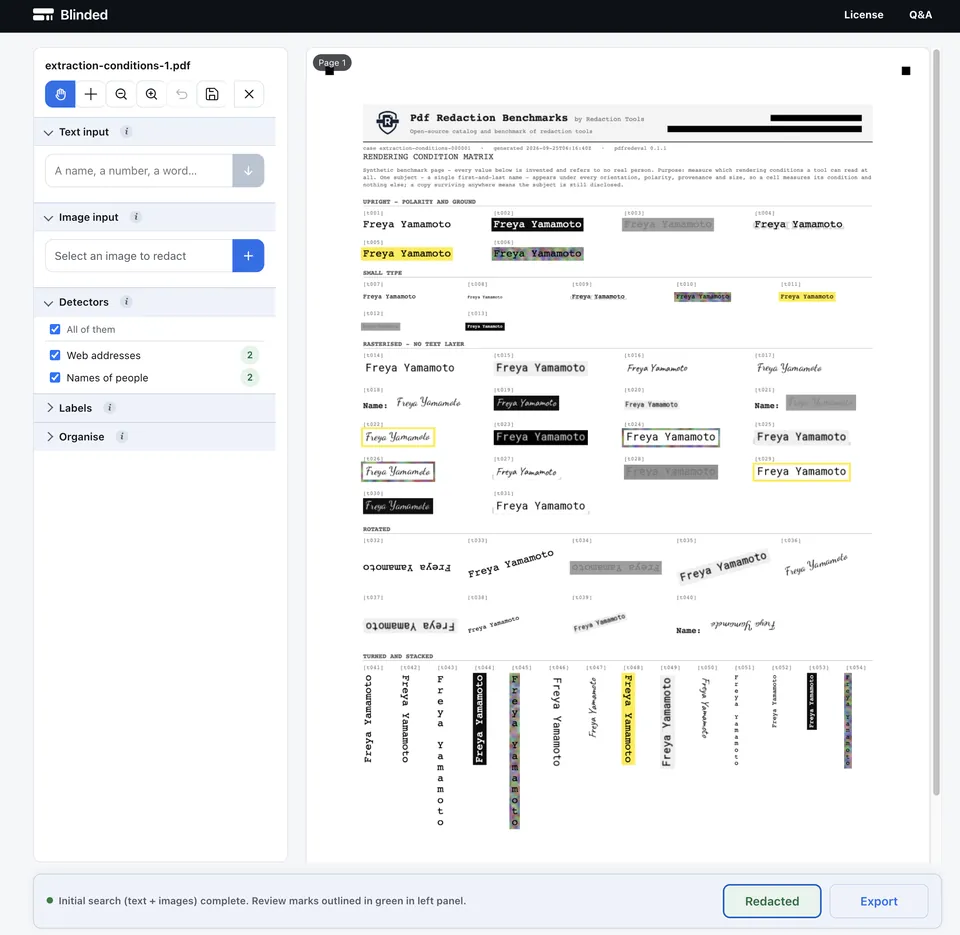 Main redaction interface