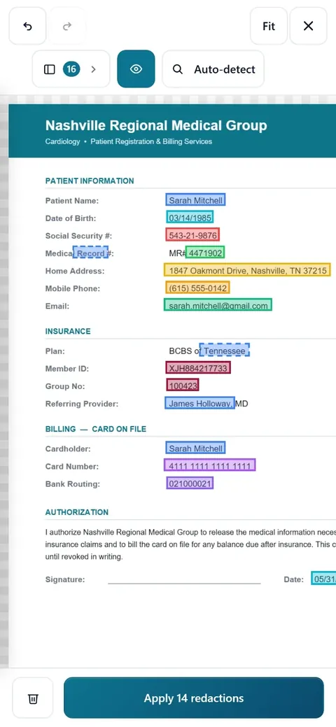 KeptPDF redact tool running in a mobile browser, showing a PDF page with redaction controls.